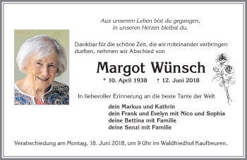 Traueranzeige von Margot Wünsch von Allgäuer Zeitung, Kaufbeuren/Buchloe