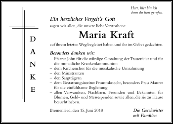 Traueranzeige von Maria Kraft von Der Westallgäuer