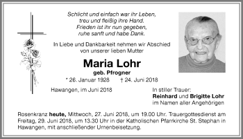 Traueranzeige von Maria Lohr von Memminger Zeitung