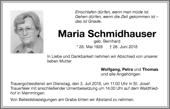 Traueranzeige von Maria Schmidhauser von Memminger Zeitung