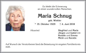 Traueranzeige von Maria Schnug von Allgäuer Zeitung,Kempten