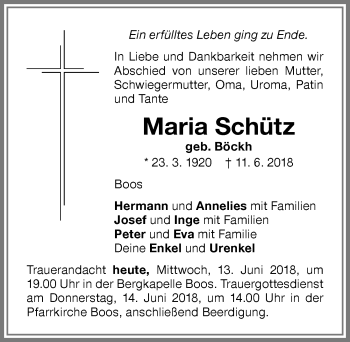 Traueranzeige von Maria Schütz von Memminger Zeitung