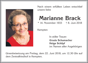 Traueranzeige von Marianne Brack von Allgäuer Zeitung,Kempten