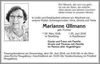 Traueranzeige von Marianne Ullmann von Allgäuer Zeitung, Kaufbeuren/Buchloe