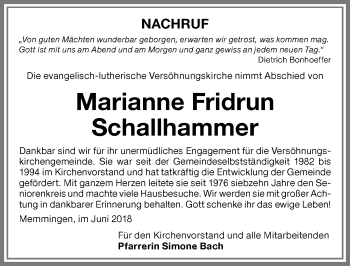 Traueranzeige von Marianne Fridrun Schallhammer von Memminger Zeitung