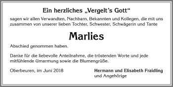 Traueranzeige von Marlies  von Allgäuer Zeitung, Kaufbeuren/Buchloe