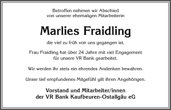 Traueranzeige von Marlies Fraidling von Allgäuer Zeitung, Kaufbeuren/Buchloe