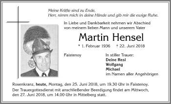 Traueranzeige von Martin Hensel von Allgäuer Zeitung,Kempten