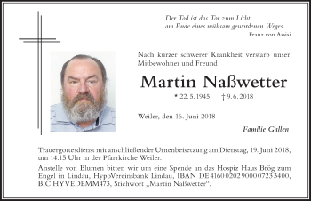 Traueranzeige von Martin Naßwetter von Der Westallgäuer