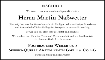 Traueranzeige von Martin Naßwetter von Der Westallgäuer