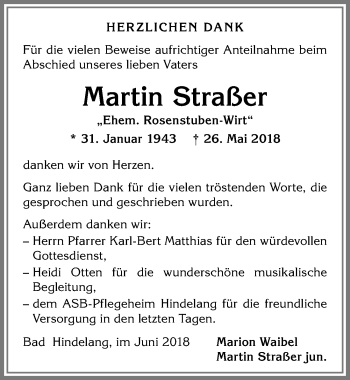 Traueranzeige von Martin Straßer von Allgäuer Anzeigeblatt