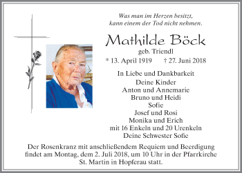 Traueranzeige von Mathilde Böck von Allgäuer Zeitung, Füssen