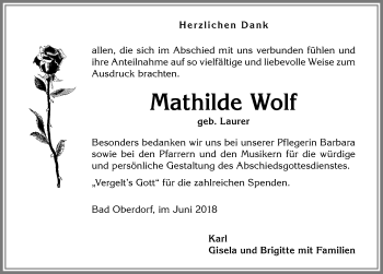 Traueranzeige von Mathilde Wolf von Allgäuer Anzeigeblatt