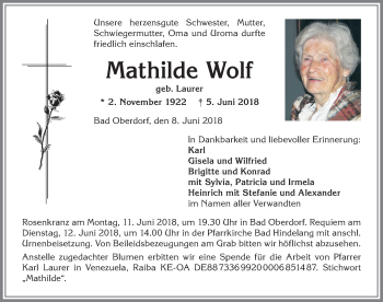 Traueranzeige von Mathilde Wolf von Allgäuer Anzeigeblatt