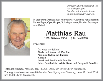 Traueranzeige von Matthias Rau von Allgäuer Zeitung,Kempten