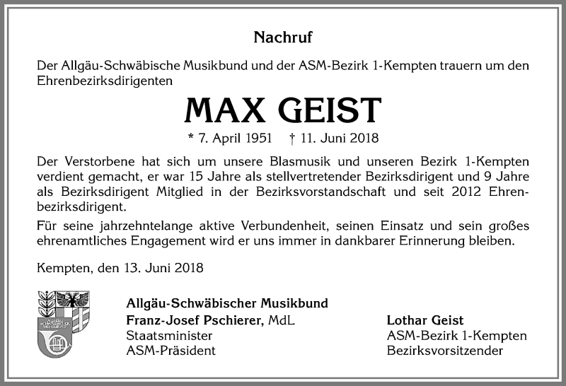  Traueranzeige für Max Geist vom 14.06.2018 aus Allgäuer Zeitung,Kempten