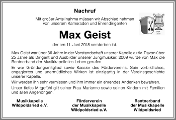 Traueranzeige von Max Geist von Allgäuer Zeitung,Kempten