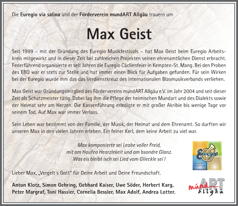  Traueranzeige für Max Geist vom 14.06.2018 aus Allgäuer Zeitung,Kempten