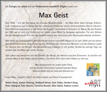 Traueranzeige von Max Geist von Allgäuer Zeitung,Kempten