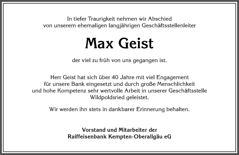  Traueranzeige für Max Geist vom 14.06.2018 aus Allgäuer Zeitung,Kempten