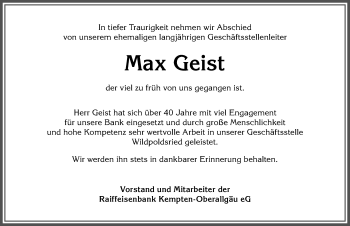 Traueranzeige von Max Geist von Allgäuer Zeitung,Kempten