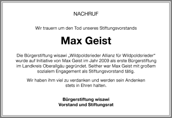 Traueranzeige von Max Geist von Allgäuer Zeitung,Kempten
