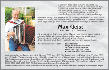 Traueranzeige von Max Geist von Allgäuer Zeitung,Kempten