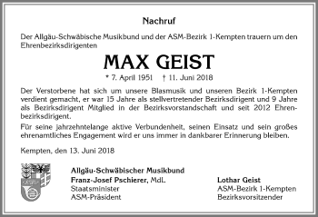Traueranzeige von Max Geist von Allgäuer Zeitung,Kempten