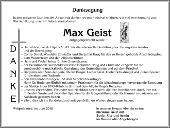 Traueranzeige von Max Geist von Allgäuer Zeitung,Kempten