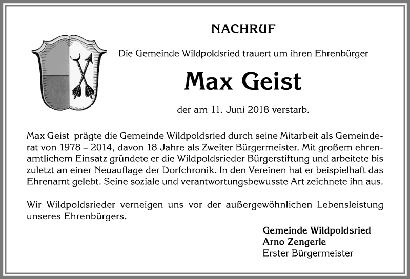  Traueranzeige für Max Geist vom 14.06.2018 aus Allgäuer Zeitung,Kempten
