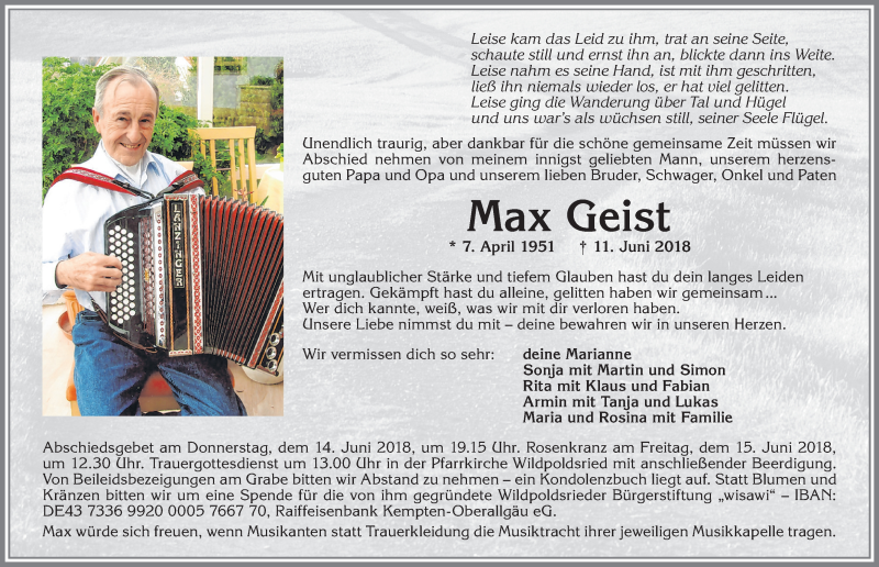  Traueranzeige für Max Geist vom 14.06.2018 aus Allgäuer Zeitung,Kempten