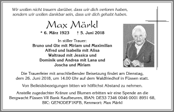 Traueranzeige von Max Märkl von Allgäuer Zeitung, Füssen
