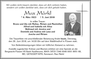 Traueranzeige von Max Märkl von Allgäuer Zeitung, Füssen