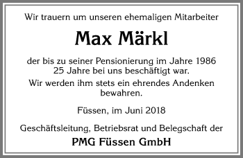 Traueranzeige von Max Märkl von Allgäuer Zeitung, Füssen