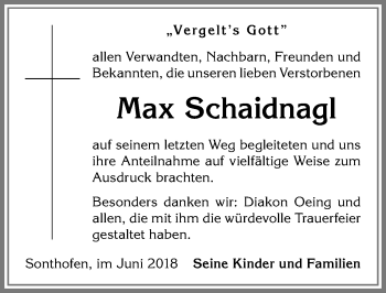 Traueranzeige von Max Schaidnagl von Allgäuer Anzeigeblatt
