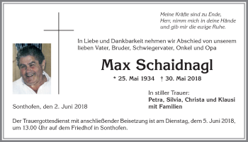 Traueranzeige von Max Schaidnagl von Allgäuer Anzeigeblatt