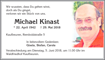 Traueranzeige von Michael Kinast von Allgäuer Zeitung, Kaufbeuren/Buchloe