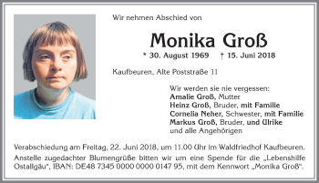 Traueranzeige von Monika Groß von Allgäuer Zeitung, Kaufbeuren/Buchloe