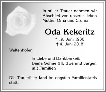 Traueranzeige von Oda Kekeritz von Allgäuer Zeitung,Kempten