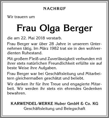 Traueranzeige von Olga Berger von Allgäuer Zeitung, Kaufbeuren/Buchloe