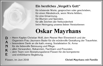 Traueranzeige von Oskar Mayrhans von Allgäuer Zeitung, Füssen