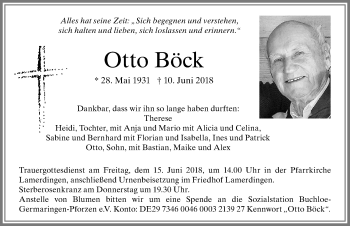 Traueranzeige von Otto Böck von Allgäuer Zeitung, Kaufbeuren/Buchloe