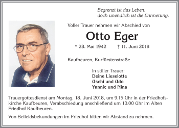 Traueranzeige von Otto Eger von Allgäuer Zeitung, Kaufbeuren/Buchloe