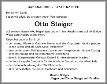 Traueranzeige von Otto Staiger von Allgäuer Anzeigeblatt