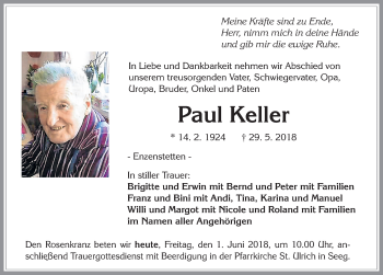 Traueranzeige von Paul Keller von Allgäuer Zeitung, Füssen