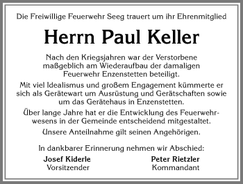 Traueranzeige von Paul Keller von Allgäuer Zeitung, Füssen