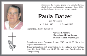 Traueranzeige von Paula Batzer von Allgäuer Zeitung, Marktoberdorf