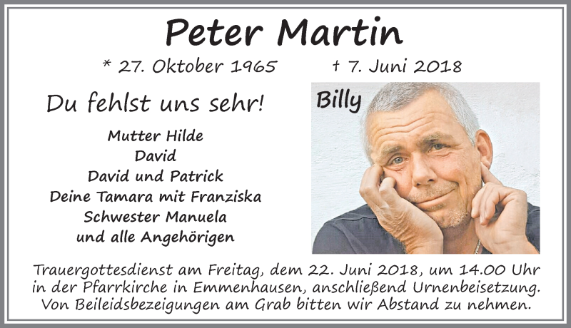  Traueranzeige für Peter Martin vom 15.06.2018 aus Allgäuer Zeitung, Kaufbeuren/Buchloe