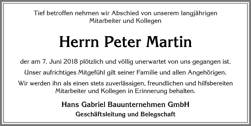  Traueranzeige für Peter Martin vom 21.06.2018 aus Allgäuer Zeitung, Kaufbeuren/Buchloe
