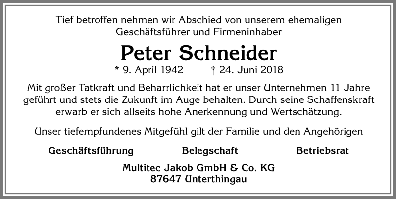  Traueranzeige für Peter Schneider vom 30.06.2018 aus Allgäuer Zeitung